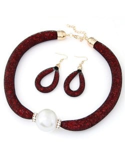 Pearl Pendant Stardust Fashion Statement Necklace and Earrings Set - Red