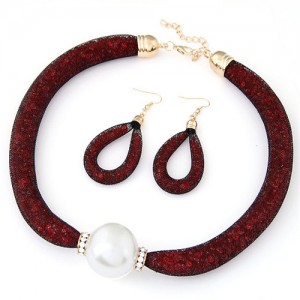 Pearl Pendant Stardust Fashion Statement Necklace and Earrings Set - Red