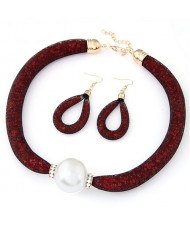 Pearl Pendant Stardust Fashion Statement Necklace and Earrings Set - Red