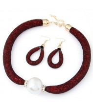 Pearl Pendant Stardust Fashion Statement Necklace and Earrings Set - Red