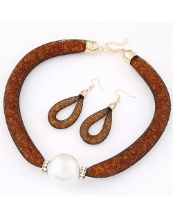 Pearl Pendant Stardust Fashion Statement Necklace and Earrings Set - Orange