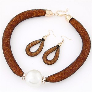Pearl Pendant Stardust Fashion Statement Necklace and Earrings Set - Orange