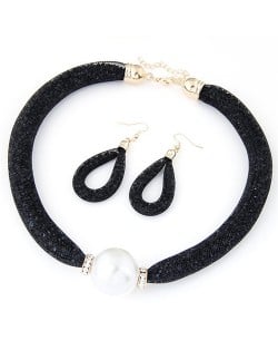 Pearl Pendant Stardust Fashion Statement Necklace and Earrings Set - Black