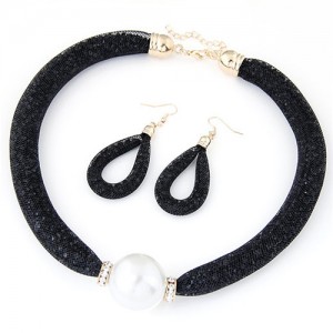Pearl Pendant Stardust Fashion Statement Necklace and Earrings Set - Black