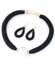 Pearl Pendant Stardust Fashion Statement Necklace and Earrings Set - Black