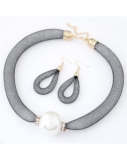 Pearl Pendant Stardust Fashion Statement Necklace and Earrings Set - Gray