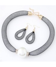 Pearl Pendant Stardust Fashion Statement Necklace and Earrings Set - Gray
