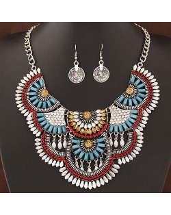 Exaggerating Floral Style Resin Gems Combined Fashion Statement Necklace and Earrings Set - Silver