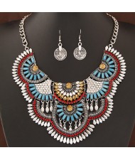 Exaggerating Floral Style Resin Gems Combined Fashion Statement Necklace and Earrings Set - Silver