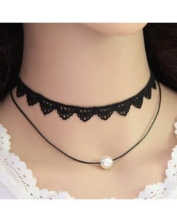Western High Fashion Lace with Pearl Pendant Dual Layers Necklace