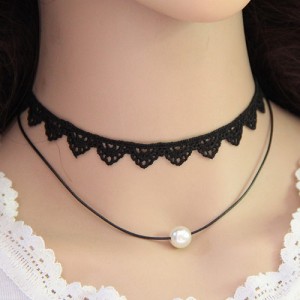 Western High Fashion Lace with Pearl Pendant Dual Layers Necklace
