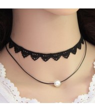 Western High Fashion Lace with Pearl Pendant Dual Layers Necklace