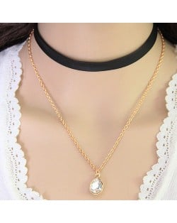 Shining Gem Pendant Two Layers Alloy and Leather Fashion Necklace