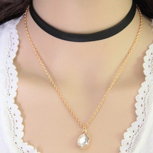 Shining Gem Pendant Two Layers Alloy and Leather Fashion Necklace