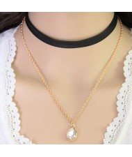 Shining Gem Pendant Two Layers Alloy and Leather Fashion Necklace