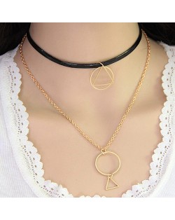 Circle and Triangle Combo Theme Alloy and Leather Fashion Necklace