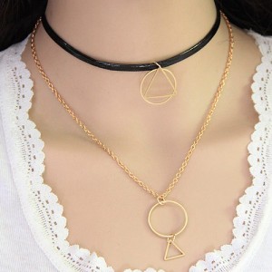 Circle and Triangle Combo Theme Alloy and Leather Fashion Necklace