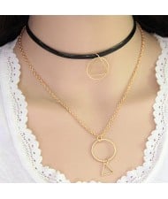 Circle and Triangle Combo Theme Alloy and Leather Fashion Necklace