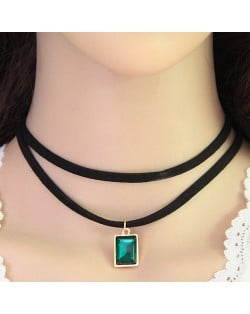 Rectangular Gem Pendant Dual Layers Rope Fashion Necklace - Green