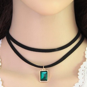 Rectangular Gem Pendant Dual Layers Rope Fashion Necklace - Green