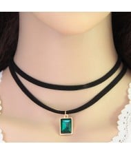 Rectangular Gem Pendant Dual Layers Rope Fashion Necklace - Green