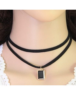 Rectangular Gem Pendant Dual Layers Rope Fashion Necklace - Black