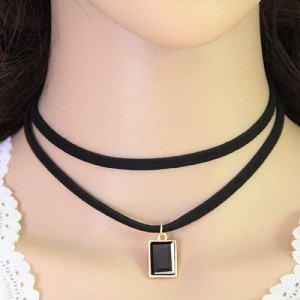 Rectangular Gem Pendant Dual Layers Rope Fashion Necklace - Black