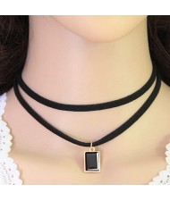 Rectangular Gem Pendant Dual Layers Rope Fashion Necklace - Black