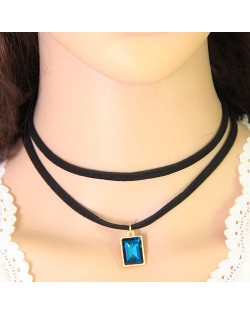 Rectangular Gem Pendant Dual Layers Rope Fashion Necklace - Blue