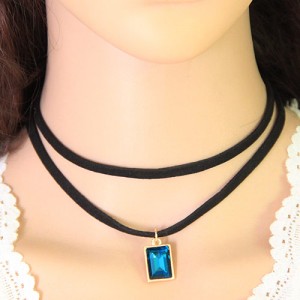 Rectangular Gem Pendant Dual Layers Rope Fashion Necklace - Blue