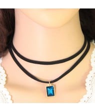 Rectangular Gem Pendant Dual Layers Rope Fashion Necklace - Blue