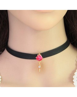 Gem with Dangling Rivet Pendant Design Leather Necklace - Red - Red