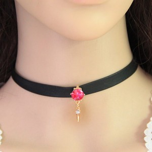 Gem with Dangling Rivet Pendant Design Leather Necklace - Red - Red