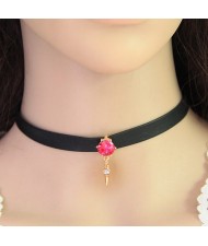 Gem with Dangling Rivet Pendant Design Leather Necklace - Red - Red
