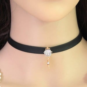 Gem with Dangling Rivet Pendant Design Leather Necklace - Red - White
