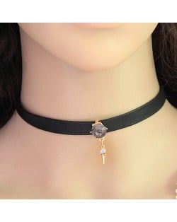 Gem with Dangling Rivet Pendant Design Leather Necklace - Red - Gray