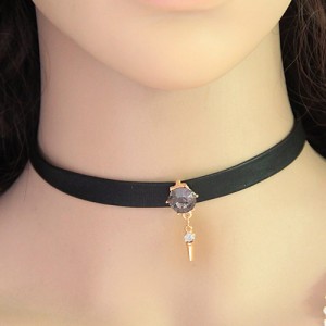 Gem with Dangling Rivet Pendant Design Leather Necklace - Red - Gray