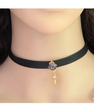 Gem with Dangling Rivet Pendant Design Leather Necklace - Red - Gray