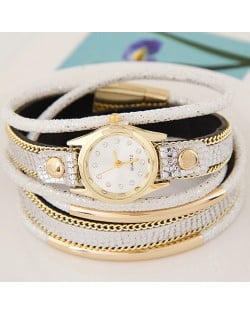 Golden Metallic Pipes Decorated Multiple Layers Leather Women Fashion Wrist Watch - White