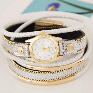 Golden Metallic Pipes Decorated Multiple Layers Leather Women Fashion Wrist Watch - White