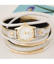 Golden Metallic Pipes Decorated Multiple Layers Leather Women Fashion Wrist Watch - White