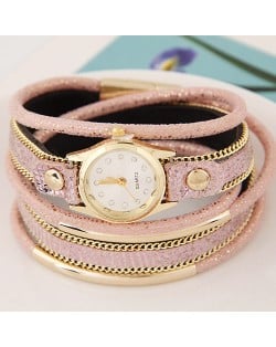 Golden Metallic Pipes Decorated Multiple Layers Leather Women Fashion Wrist Watch - Pink