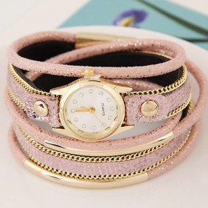 Golden Metallic Pipes Decorated Multiple Layers Leather Women Fashion Wrist Watch - Pink
