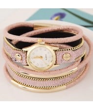 Golden Metallic Pipes Decorated Multiple Layers Leather Women Fashion Wrist Watch - Pink