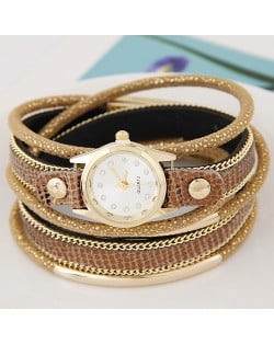 Golden Metallic Pipes Decorated Multiple Layers Leather Women Fashion Wrist Watch - Golden