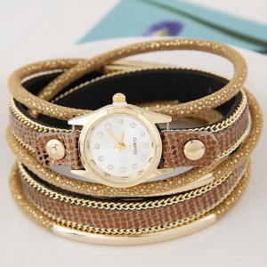Golden Metallic Pipes Decorated Multiple Layers Leather Women Fashion Wrist Watch - Golden