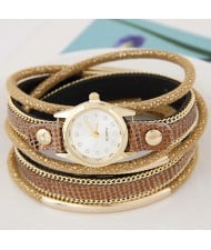 Golden Metallic Pipes Decorated Multiple Layers Leather Women Fashion Wrist Watch - Golden