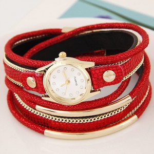 Golden Metallic Pipes Decorated Multiple Layers Leather Women Fashion Wrist Watch - Red