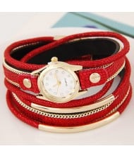 Golden Metallic Pipes Decorated Multiple Layers Leather Women Fashion Wrist Watch - Red