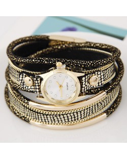 Golden Metallic Pipes Decorated Multiple Layers Leather Women Fashion Wrist Watch - Black